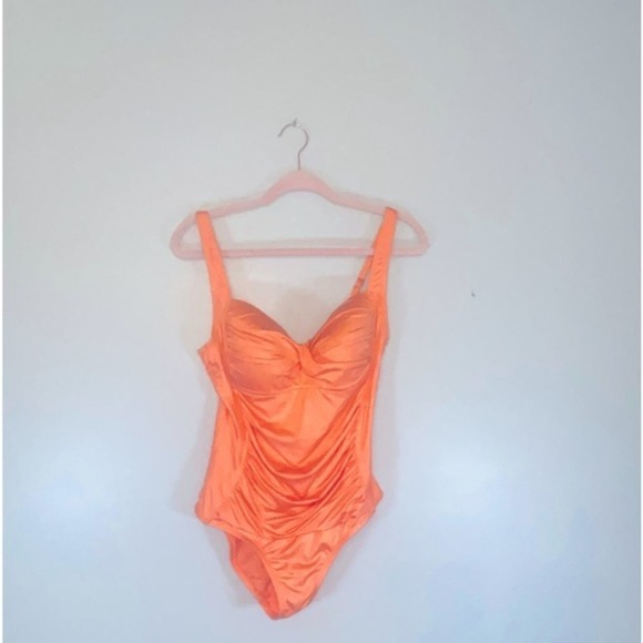 Liz Claiborne Retro Pinup Orange Coral Ruched One Piece Swimsuit size 12 - Picture 3 of 10